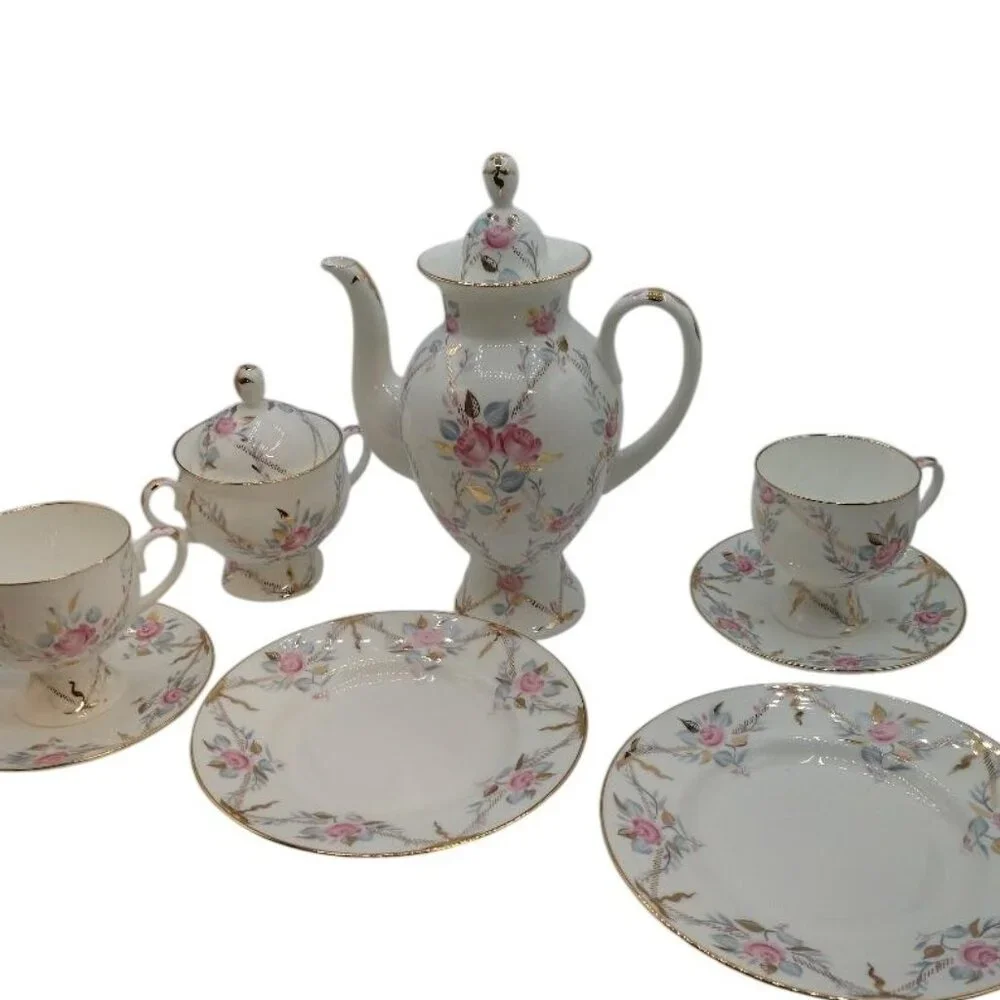 Imperial Porcelain Tea Set With Rose Floral Design & Gold Trim Made In St. Peter